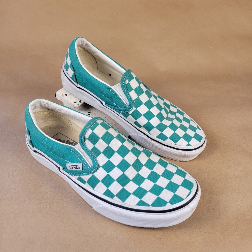 Size 6.5 Women - VANS Classic Slip-On Checkerboard Green Men 5